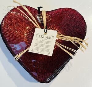 4 Akcam Red Glitter Glass Heart Appetizer Dessert Plate Dish Set Love Turkish